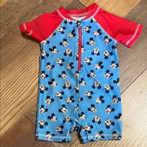 Disney Red & Blue Mickey Short Sleeve Swim Romper Infant size 6-9 Months